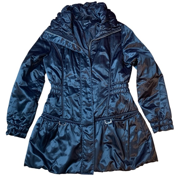 BeiDanNa Black Satin Quilted Puffer Coat - Cinched Waist & Peplum Hem - Size M - Picture 1 of 7